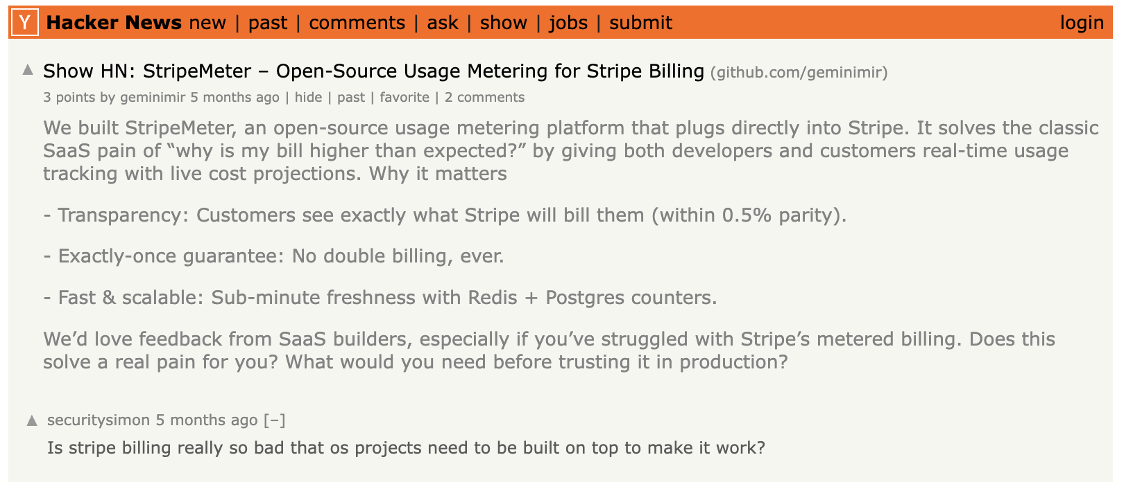 Hacker News discussion about StripeMeter